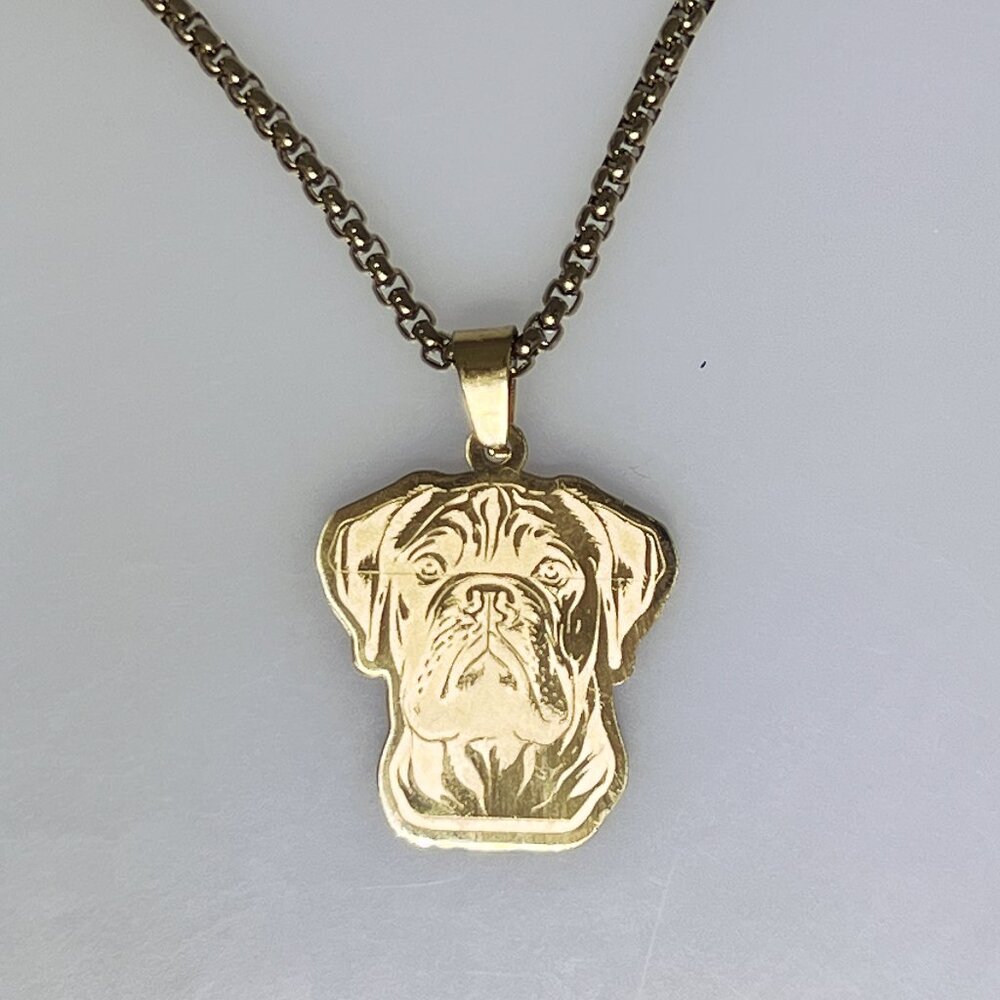 Laser engraved Mastiff (or Boxer?) dog pendant, gold tone, necklace, NWOT